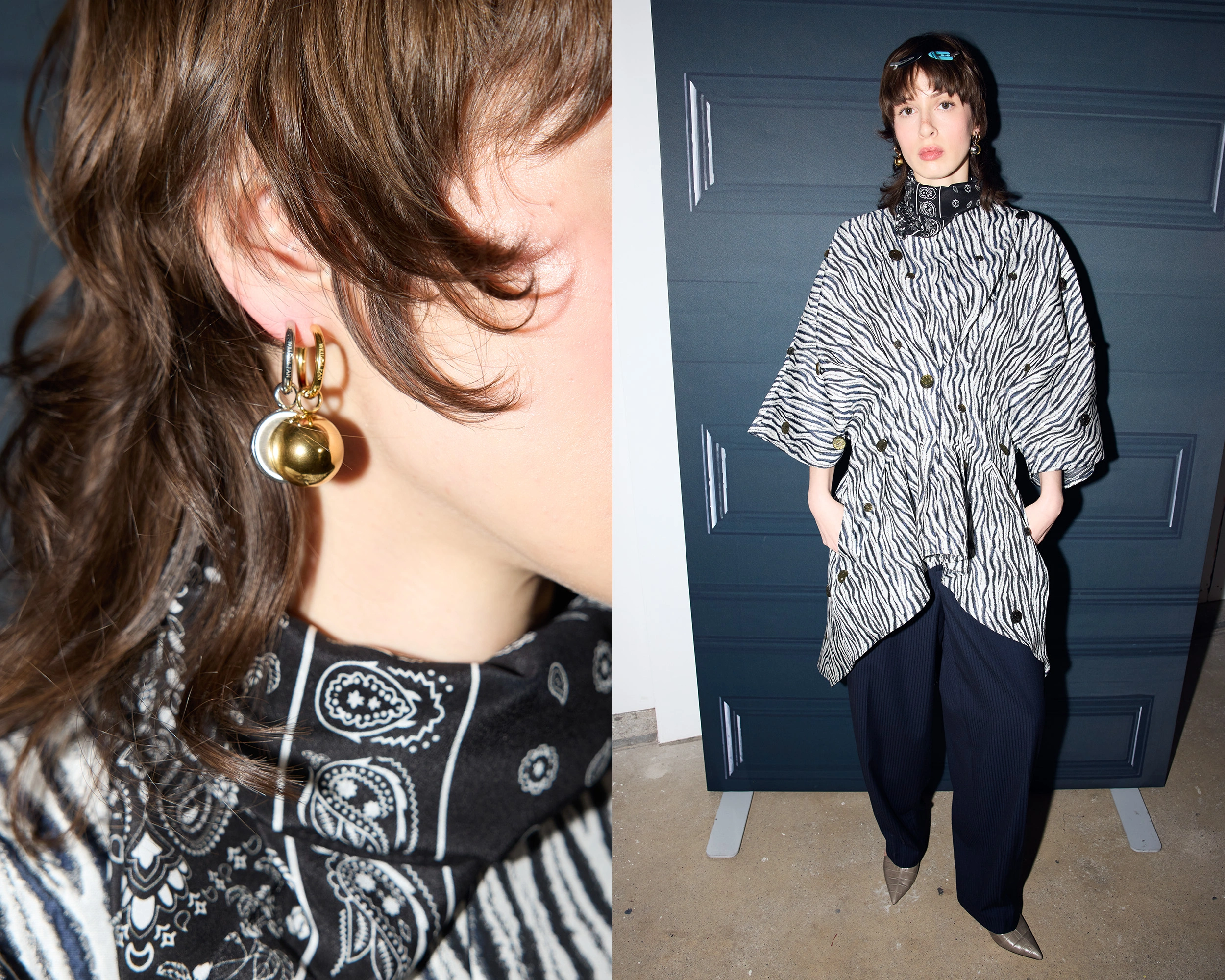 Accessories campaign diptychs pairing models in printed and metallic looks with jewellery, beaded bags and leather handbags