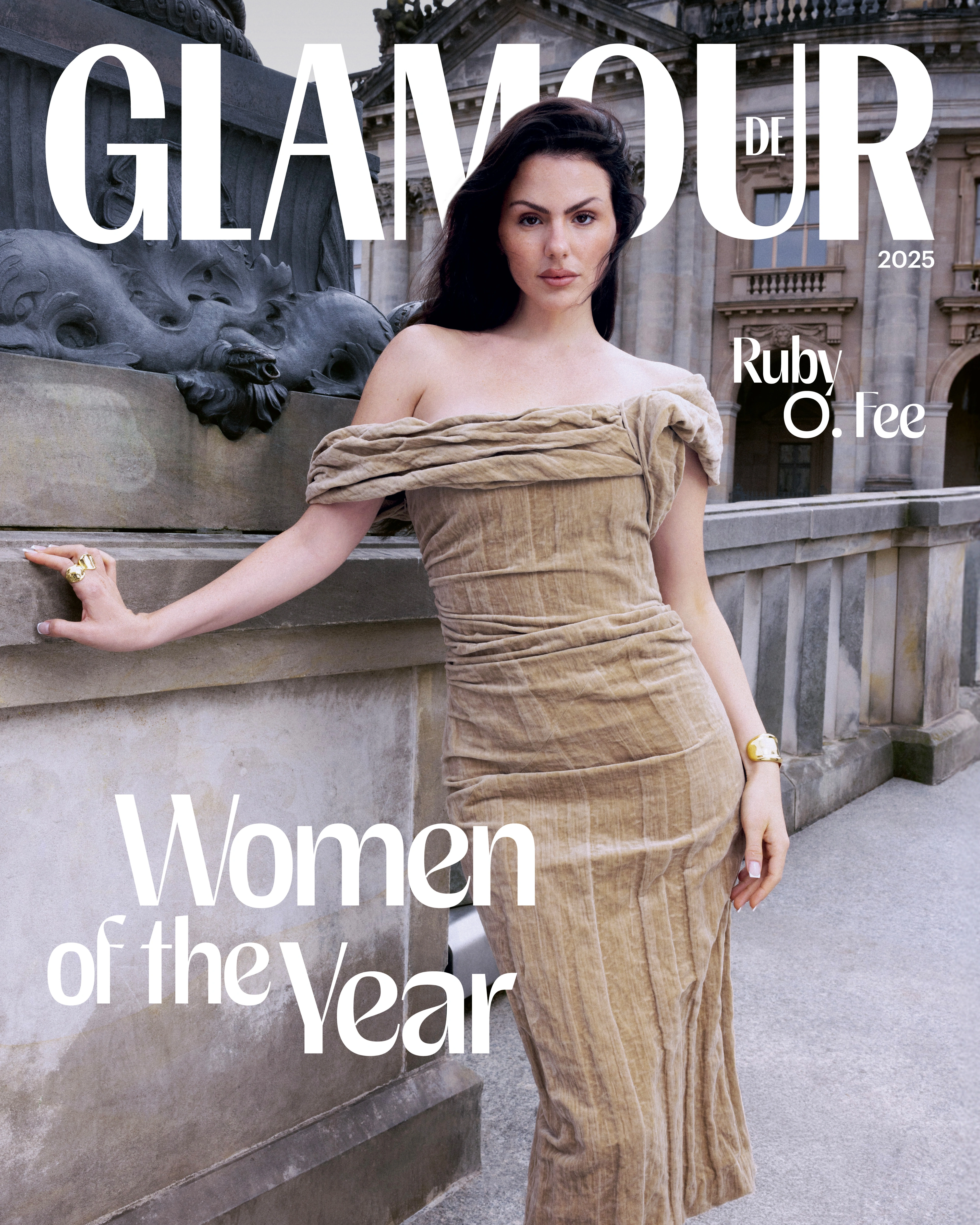 Glamour Women of the Year shoot in Berlin: cover in a draped gold dress, a tailored grey suit and a riverside portrait