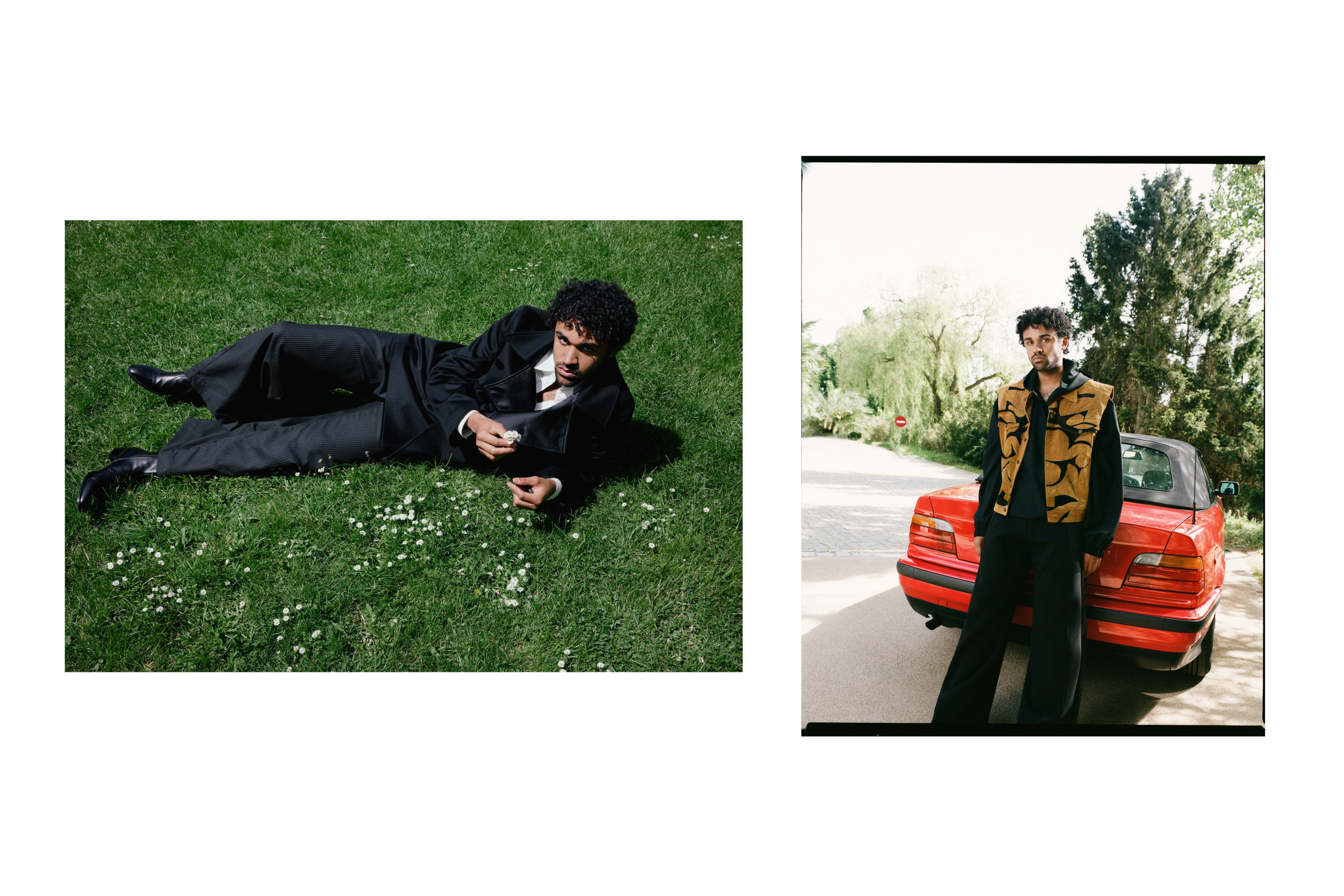 Menswear editorial: model in a dark suit lying in a meadow, and standing by a red car in a printed jacket